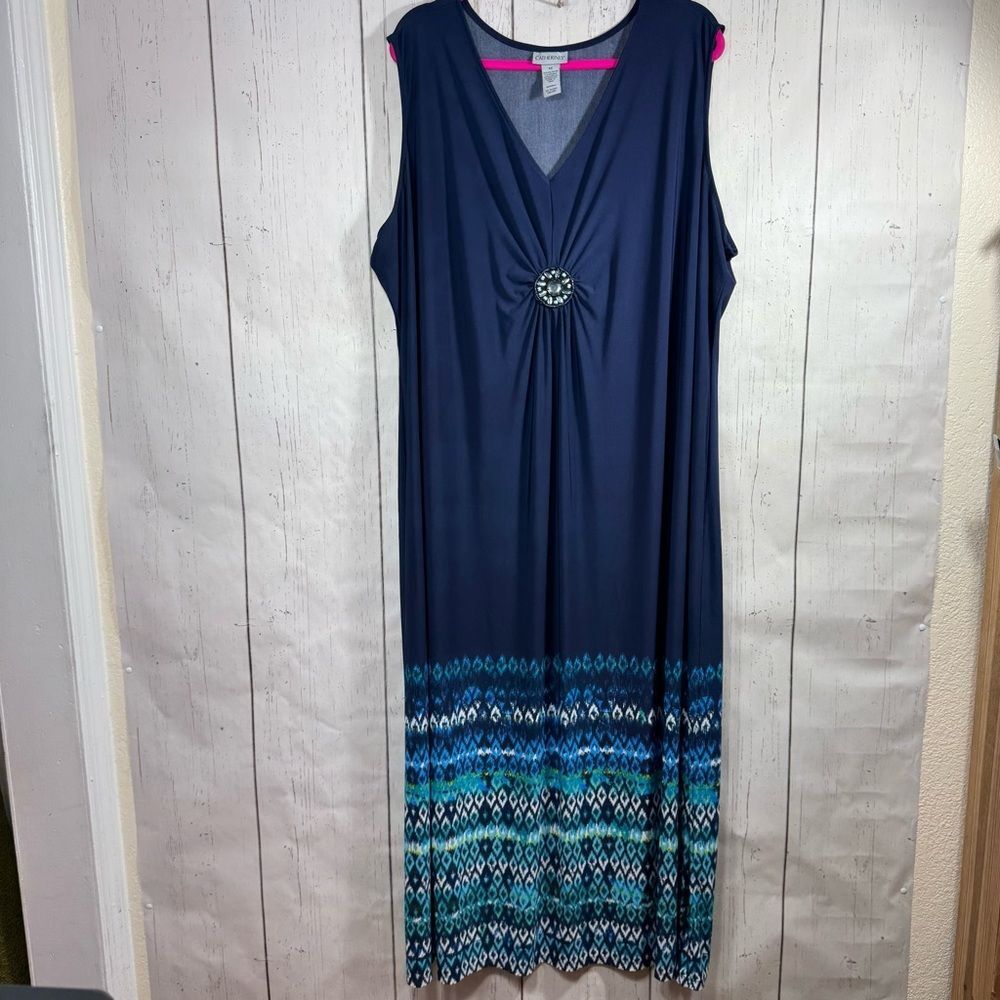 Catherines 4X Navy Boho Resort Midi Dress Plus Size Flowy Vacation Border Print